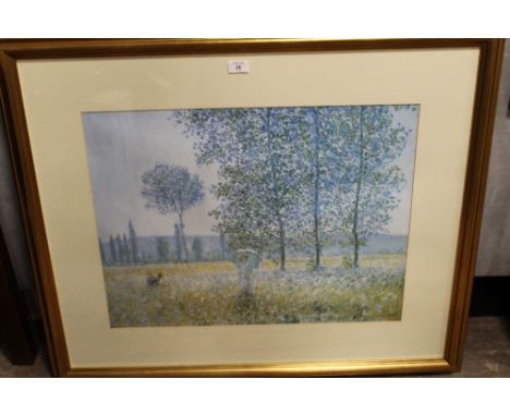 A LARGE FRAMED AND GLAZED MONET PRINT 'SUN IN PROVENCE' 50.5CM X 66CM