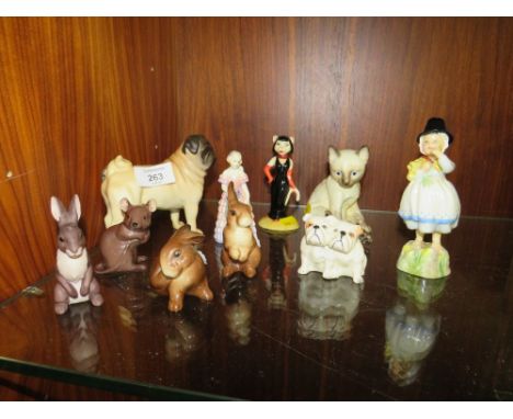 A COLLECTION OF ASSORTED CERAMIC FIGURES TO INCLUDE A BESWICK MATTE FINISH CH CUTMIL CUPIE PUG FIGURE, ROYAL WORCESTER, ROYAL