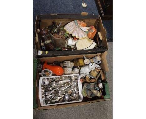 TWO TRAYS OF CERAMICS AND COLLECTABLES TO INCLUDE A CUCKOO CLOCK, CUTLERY ETC 