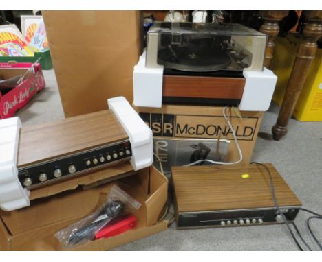 A BOXED BSR MCDONALD RECORD PLAYER TOGETHER WITH A KORTING-TRANSMAR RADIO AND A PAIR OF RICHARD ALLAN SPEAKERS