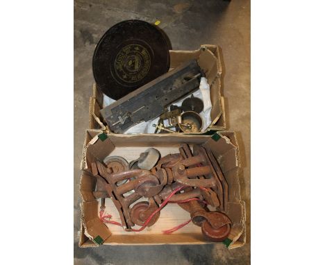 TWO BOXES OF TOOLS AND CASTORS ETC