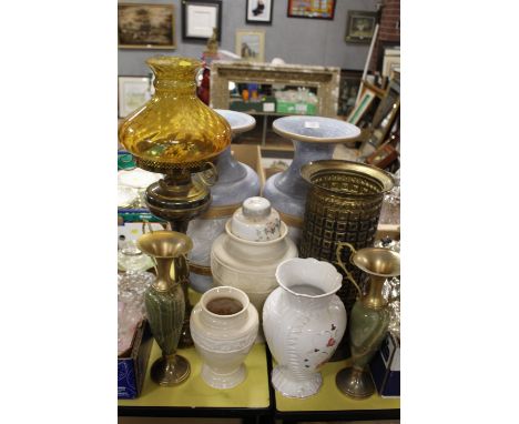 A COLLECTION OF LARGE MODERN CERAMIC VASES, TOGETHER WITH BRASS AND ONYX EXAMPLES, OIL LAMP ETC. (10) 