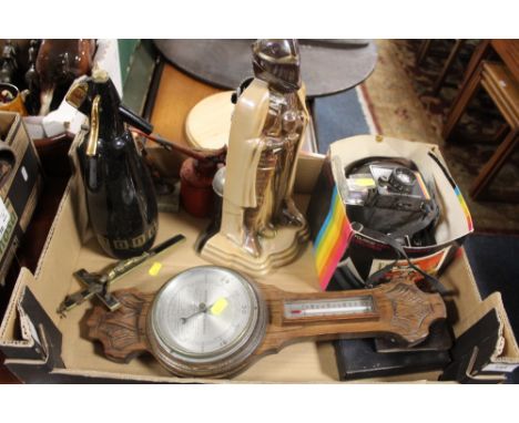 A TRAY OF COLLECTABLES TO INCLUDE A POLAROID CAMERA, KNIGHT SHAPED COMPANION SET, OAK BAROMETER ETC 
