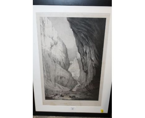 A FRAMED AND GLAZED ANTIQUE LITHOGRAPH PRINT ENTITLED 'GORDALE SCAR YORKSHIRE' - SEE VERSO 52CM X 33CM 