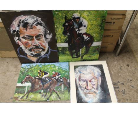 A COLLECTION OF UNFRAMED OIL ON CANVAS PAINTINGS TO INCLUDE HORSE RACING INTEREST AND PORTRAIT STUDIES TOGETHER WITH A CIRCUL