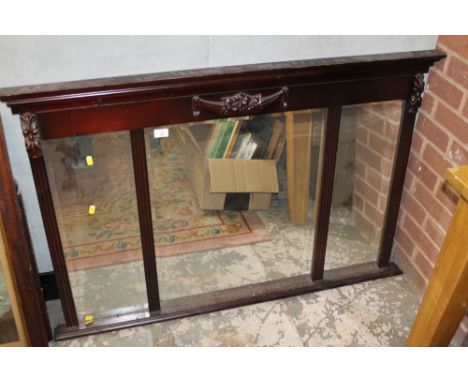 A MODERN FRAMED OVERMANTEL MIRROR W 128 CM TOGETHER WITH A PRINT OF THREE LADIES WITH A BOOK (2)