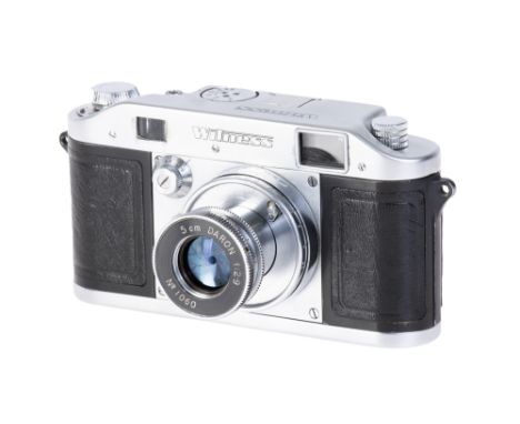 An Ilford Witness Rangefinder Camera, 1952, chrome, serial no. 5060, with Dallmeyer Daron f/2.9 50mm lens, chrome, serial no.