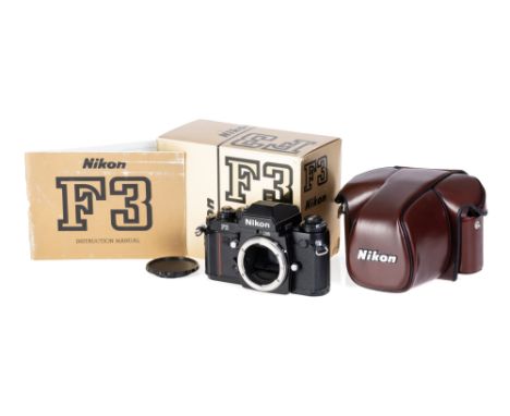 A Nikon F3 SLR Camera Body, 1981, black, serial no. 1322749, body, E, shutter working, complete with ever-ready case and make