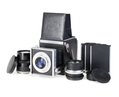 A Bentzin Primar Reflex Camera Outfit, 1948-53, black, with Carl Zeiss Jena T Tessar f/3.5 165mm lens, black, serial no. 3400