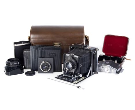 A Linhof Technika large Format Camera black, 1936-45, 9 x 12cm format, serial no. 19771, with a Hugo Meyer Görlitz Plasmat Sa