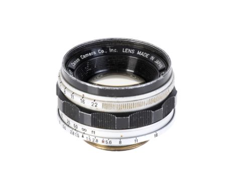 A Canon f/1.5 35mm Lens, L39 screw mount, black/chrome, serial no. 13337, body, G, lacking infinity lock, elements, G-VG, som