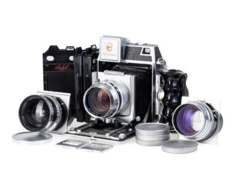 A Linhof Super Technika IV 6x9 Medium Format Rangefinder Camera Outfit, t 1956-1964, black/chrome, serial no. 80093B, with Ca