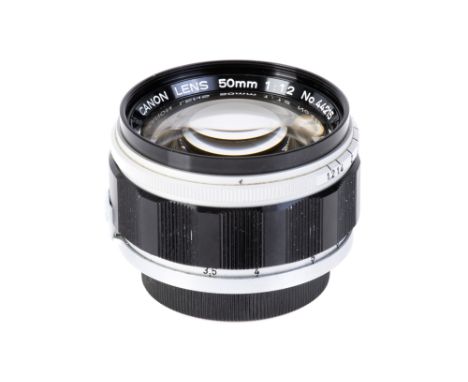 A Canon f/1.2 50mm Lens, L39 screw mount, black/chrome, serial no. 44215, body, VG, elements, G-VG, some light internal marks