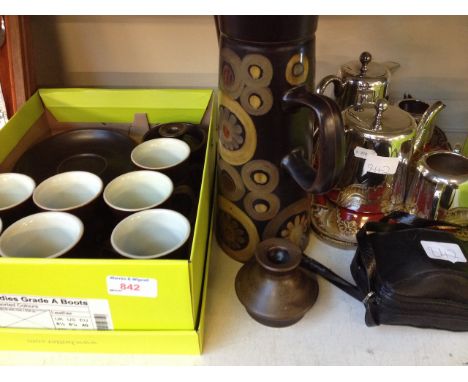 SOME DENBY POTTERY, PLATED TEA SET, TRAY AND CAMERA     G2