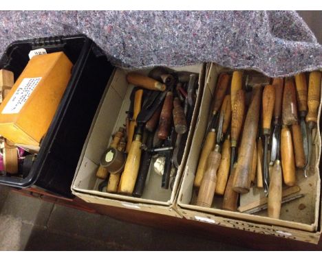 4 BOXES OF TOOLS INC CHISELS, SCREWS, PLANES ETC
