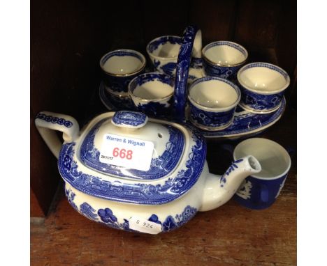 BLUE AND WHITE EGG CRUET AND TEAPOT AND WEDGWOOD TYG