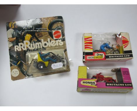 Two Britains Model Bikes No. 9693 Honda Benly, plus No. 9683 Drag Bike, both boxed, heavy crushing/splitting to boxes. Plus a