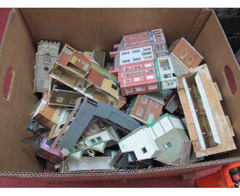 A Quantity of "OO/HO" Scale Cardboard Constructed and Plastic Lineside Buildings, including church, shops, housing, platform 