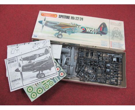 A Boxed Matchbox #PK-501 1:32nd Scale Plastic Model Kit Spitfire MK-22-24, appears complete with instruction leaflet and deca