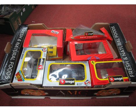 Six 1:24th Scale Diecast Model Cars by Burago Polistil, including Ferrari 308 GTS, Ferrai GTO, models are loose within boxes 