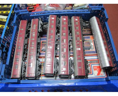 Ten "OO"Gauge/4mm LMS/BR Maroon Coaches, by Hornby and Lima, a Lima Ref 305345 dining car and Ref 205105 corridor coach, very