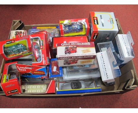 A Collection of Diecast Model Vehicles, by Burago, Corgi, Real Toy, Atlas Editions and other, including Sports Cars, Buses, a
