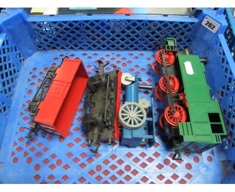 A Circa 1960's Big Big Train Plastic 0-6-0 Locomotive by Triang, open wagon, steam roller wagon load, playworn.