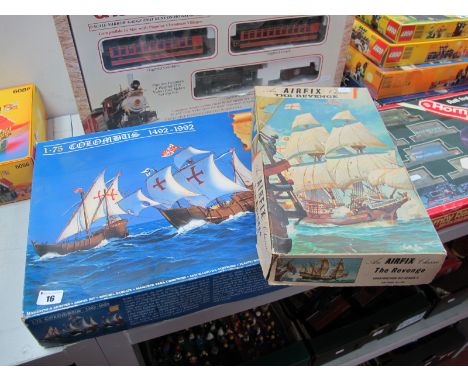 Two Plastic Model Sailing Ship Kits, including Heller 1:75th scale Colombus 1492-1992, an Airfix Classic "The Revenge" constr