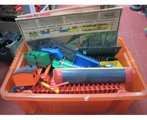 Components of a Circa 1960's Big Big Train Freight Yard Action Set by Triang, including yellow and red liveried Hymek locomot