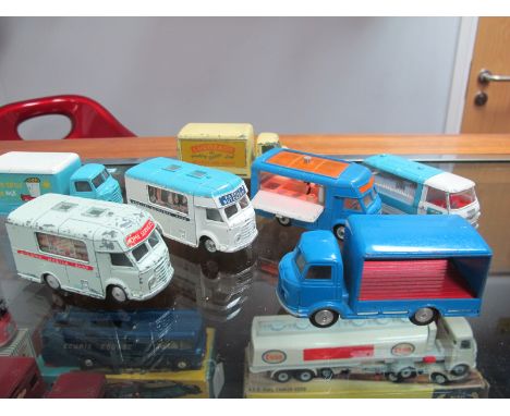 Seven Original Corgi Diecast Delivery and Similar Type Vans, including Smiths Karrier Family Butchers Smiths Joes Diner, Karr
