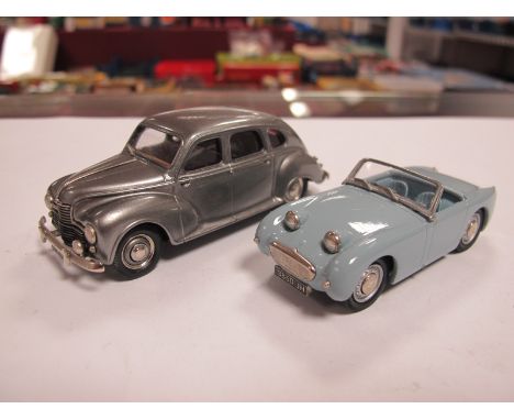 Two Lansdowne Models 1:43rd Scale White Metal Model Vehicles, including Austin Healey Sprite, (scratch to bonnet), Jowett Jav