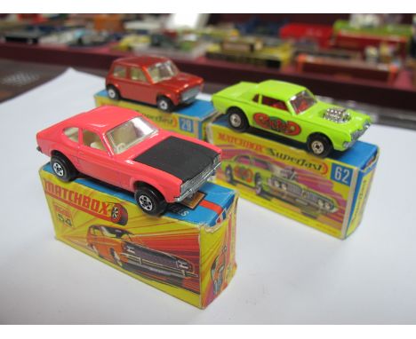 Three Matchbox Superfast, No. 62 - Rat Rod Racer - No. 29 Racing Mini )missing racing number), No. 54 Ford Capri - black/pink