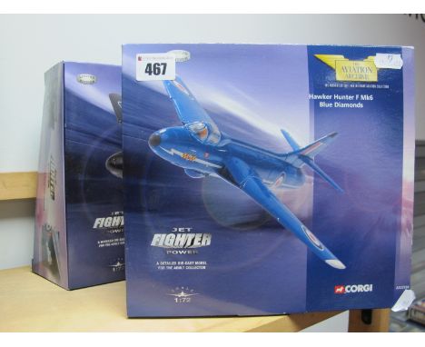 Two Corgi 'The Aviation Archive' Diecast Model Military Aircraft, comprising of #AA32701 Hawker Hunter F MK6 Blue Diamonds, #