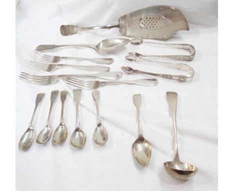 A bag containing a quantity of antique Scottish and London silver items including fish server, two pairs of sugar tongs and s