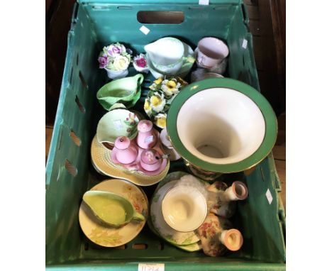 A crate containing a quantity of assorted ceramic items including Carltonware cruets and dishes, Delphine china and other tea