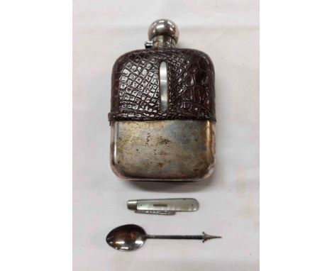 An antique hip flask with silver plated half cover and mount with a faux snakeskin leather cover - sold with a mother-of-pear