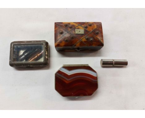 An antique tortoiseshell clad patch box with studwork decoration and a silver plated agate set snuff box - sold with a box co