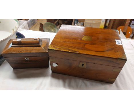 A Victorian rosewood writing slope with fitted interior (inkwell missing) - sold with a small 19th Century rosewood tea caddy