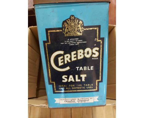 A box containing a vintage Cerebos table salt advertising tin and a quantity of assorted metalware including Danish silver pl