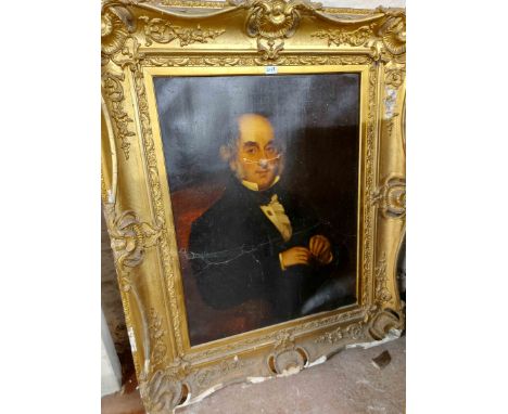 An ornate gilt gesso framed antique oil on canvas portrait of a gentleman - 90cm X 69cm - canvas damaged and gesso loss to fr