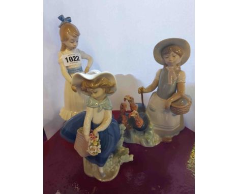 A Lladro porcelain figurine depicting a girl herding turkeys - sold with a smaller similar depicting a girl with a flower bas