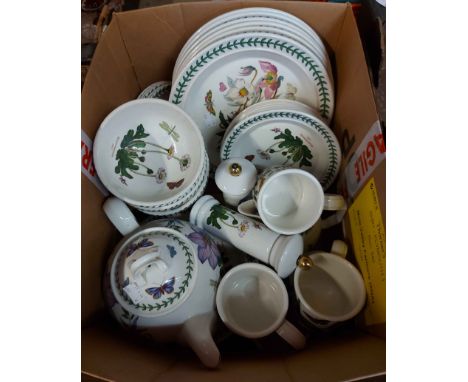 A box containing a quantity of Portmeirion Botanic Garden tea and dinner ware including teapot, jugs, cups and saucers, cerea