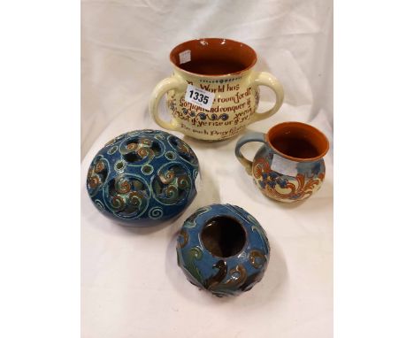 A C.H. Brannam Barnstaple art pottery tyg of globe form with incised poem (dated 1897) (a/f) - sold with a small mug with inc