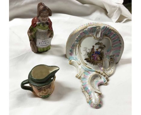 An old Dresden style porcelain wall shelf of Rococo form with hand painted Watteau decoration - sold with a Mother Shipton ch