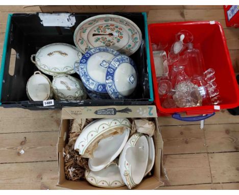 Two crates and a box containing a quantity of assorted ceramics and glassware including George Jones part dinner service, gla