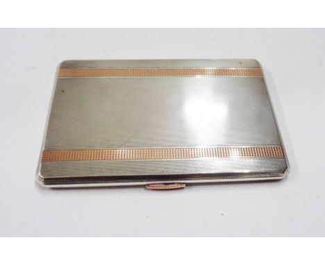 A silver cigarette case with engine turned decoration and rose metal banding and button detail - internal initials and date