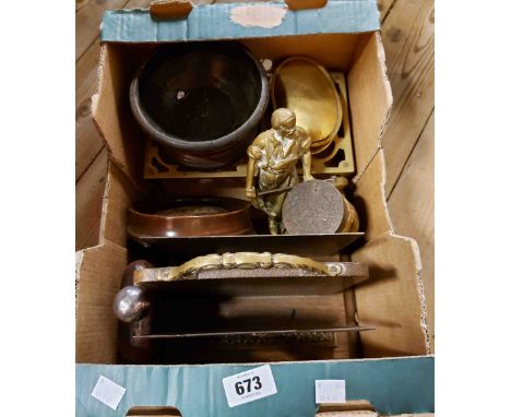 A box containing a quantity of assorted collectable items including brass clad wooden letter rack, cast brass figurine, silve