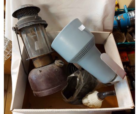 A vintage Philips ultraviolet heat lamp and an old Vapalux model 300X Tilley lamp - sold with a vintage Avon bottle and a Rea
