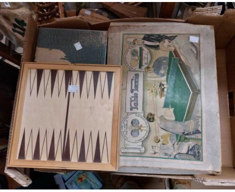 A box containing a quantity of assorted games, puzzles, etc. including early 20th Century boxed table tennis set, mahjong set