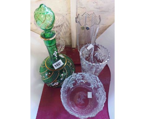 A small quantity of assorted glassware including moulded green decanter with enamel and gilt decoration, Bohemia crystal cut 